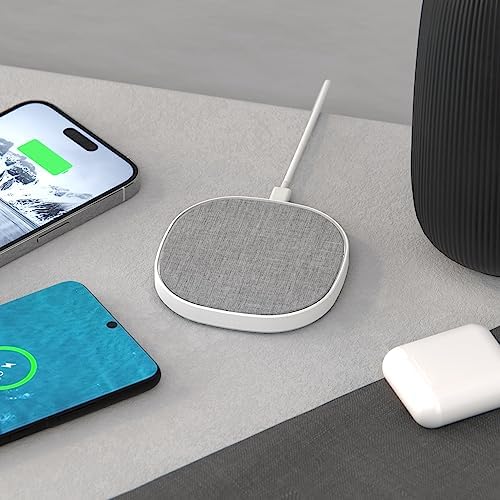 Novo Wireless Charging Pad – 15 W Fast Charge with Elegant Linen Gray Fabric, Compatible with i Phone 16/15/14/13/12/11, Samsung S24, Air Pods & Qi Devices – Stylish Design for Home & Office Efficiency