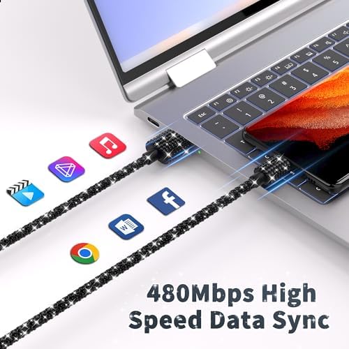 Bling Sparkling Black Diamond USB to USB C Cable – 4 FT 60 W Fast Charging Charger for i Phone 16, 15 Plus, Pro Max & Samsung Galaxy S25, S24, S23 – Stylish Braided Design for Enhanced Durability and Compatibility – Luxury Tech Accessory for High-Performance Power Delivery