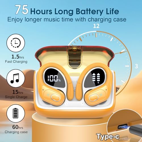 Ultimate Bluetooth 5.4 Wireless Earbuds with 75-Hour Playtime – Ergonomic Deep Bass Sport Headphones with IPX7 Waterproof Rating for Active Lifestyles, Advanced ENC Noise Cancelling Mic for Superior Call Clarity – Ideal for Fitness and Outdoor Activities