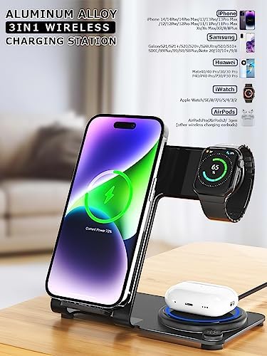 Premium Aluminum Alloy 3-in-1 Wireless Charging Station for i Phone, Apple Watch & Air Pods – Ultra-Fast Power Delivery for i Phone 15 to 11 (Pro, Pro Max), XS, XR – Sleek Minimalist Design for Effortless Clutter-Free Charging Experience