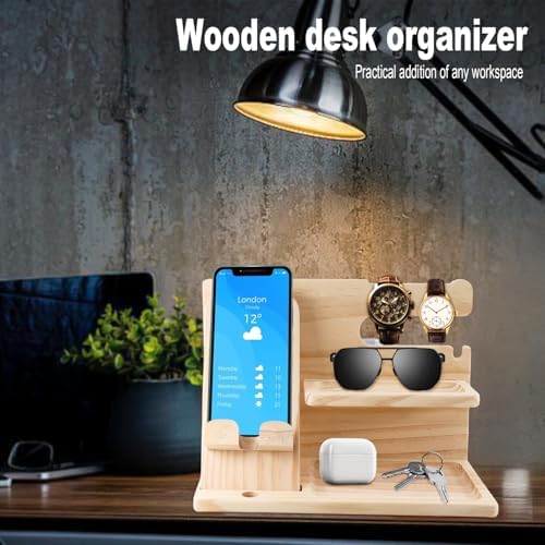 Stylish Wood Nightstand Organizer for Men – Elegant Beige Phone Docking Station & Desk Accessory with Dedicated Compartments for Keys, Wallets, Glasses – Practical Gift Idea for Birthdays & Special Occasions – Enhance Your Bedroom Aesthetics & Simplify Your Nightly Routine