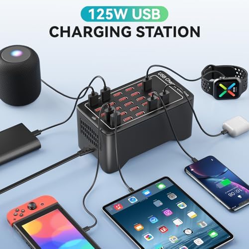 125 W 25-Port USB Charging Hub for Multiple Devices – Fast Charging Station for i Phone, i Pad, Tablets & Apple Watch – Universal Compatibility with Enhanced Safety Features – Ideal Family Charging Dock for Home & Office