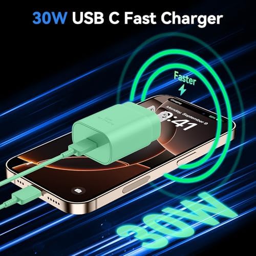 Auorld 30 W USB-C Fast Charger with 10 FT Cable – High-Performance Rapid Charging for i Phone 15/16, i Pad, Samsung Galaxy & Google Pixel – Stylish Purple Design for Maximum Flexibility and Compatibility on the Go