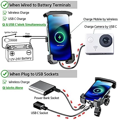 i MESTOU Wireless Phone Charger & Anti-Theft Motorcycle Mount – Fast 15 W Quick Charge with 720-Degree Rotation, USB-C 3 A Compatibility, Secure 1″ Ball Phone Holder for 4.0-7.0″ Smartphones – Innovative Handlebar Accessory for 12 V/24 V Vehicles