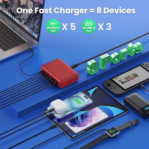 Revolutionary 300 W Ga N IV Technology USB-C Charging Hub – 8-Port Multi-Device Charger for Mac Book Pro/Air, DELL Laptops, i Phone 16/15/14 & Galaxy S25 – Sleek Navy Finish for Enhanced Home & Office Efficiency – Your Premier Solution for Rapid Device Power and Seamless Connectivity