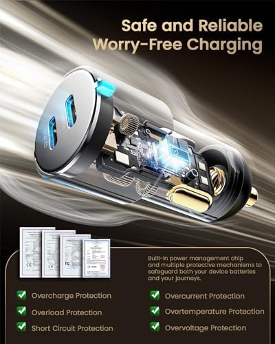 Essager 66 W All-Metal Dual Port Fast Car Charger – USB-C Cigarette Lighter Adapter for Rapid Charging of i Phone 16/15/14/13/12 Pro Max, Mac Book, i Pad, and Samsung Galaxy S24/S23 – Compact Design with PD/PPS/QC3.0 Technology for Enhanced Speed and Versatility