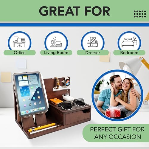 Nightstand Organizer – Bedside Docking Station for Men -Unique Gifts for Husband, Father or Dad from Wife, Son or Daughter -Desk Organizer for Phone, Watches & Accessories (Rustic) – Enhanced Compatibility and Speed