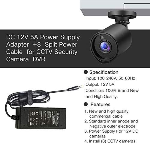 12 V 5 A UL Listed Power Supply with 4-Way Splitter Pigtail Cable – Ultimate Adapter for CCTV Surveillance and LED Lighting Solutions – Reliable Performance & Enhanced Device Compatibility for Security Systems