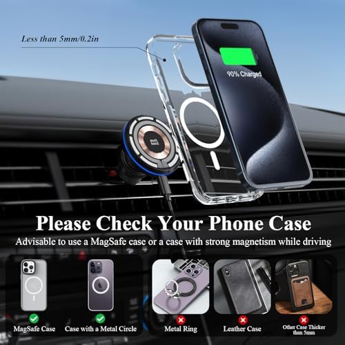 Minthouz Magnetic Wireless Car Charger – 15 W Fast Charging for i Phone 16/15/14/13/12 Series & Qi-Certified Devices – Secure Mag Safe Car Mount for Effortless Navigation & Hands-Free Calls – Sleek, Durable Design for Every Vehicle