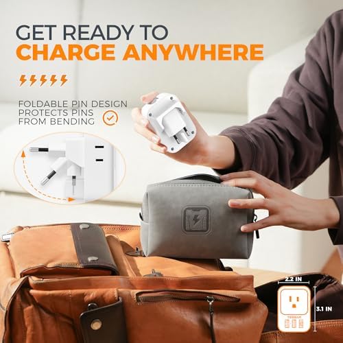 Ultimate European Travel Power Adapter: 4 AC Outlets & 3 Fast Charge USB Ports (1 USB-C PD 20 W) – Compact, Foldable Design for Effortless Connectivity in Spain, France, Germany, Italy, Portugal & Iceland – Versatile Compatibility for All Your Devices