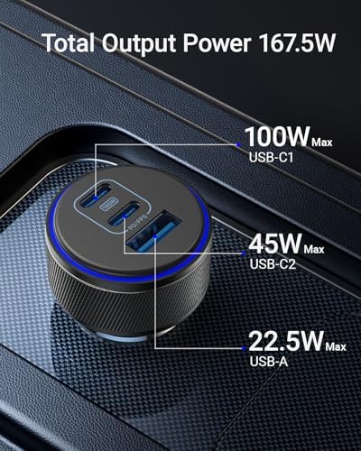 Premium USB-C Car Charger for i Phone 16 & Multi-Device Fast Charging – 167.5 W 3-Port Cigarette Lighter Adapter for i Phone 15/14/13, Samsung S24/S23/S22, Google Pixel, i Pad Air, Air Pods – Sleek, Compact Design with Safety Features for Optimal Performance on the Go