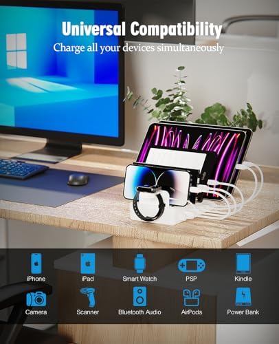 Ultra-Fast 6-Port USB Charging Hub – 2025 Edition with Smartwatch Dock, 50 W Multi-Device Organizer for i Phone, Android, i Pad, Kindle & Tablets – Compact, Safe Power Station for Efficient Charging and Clutter-Free Living