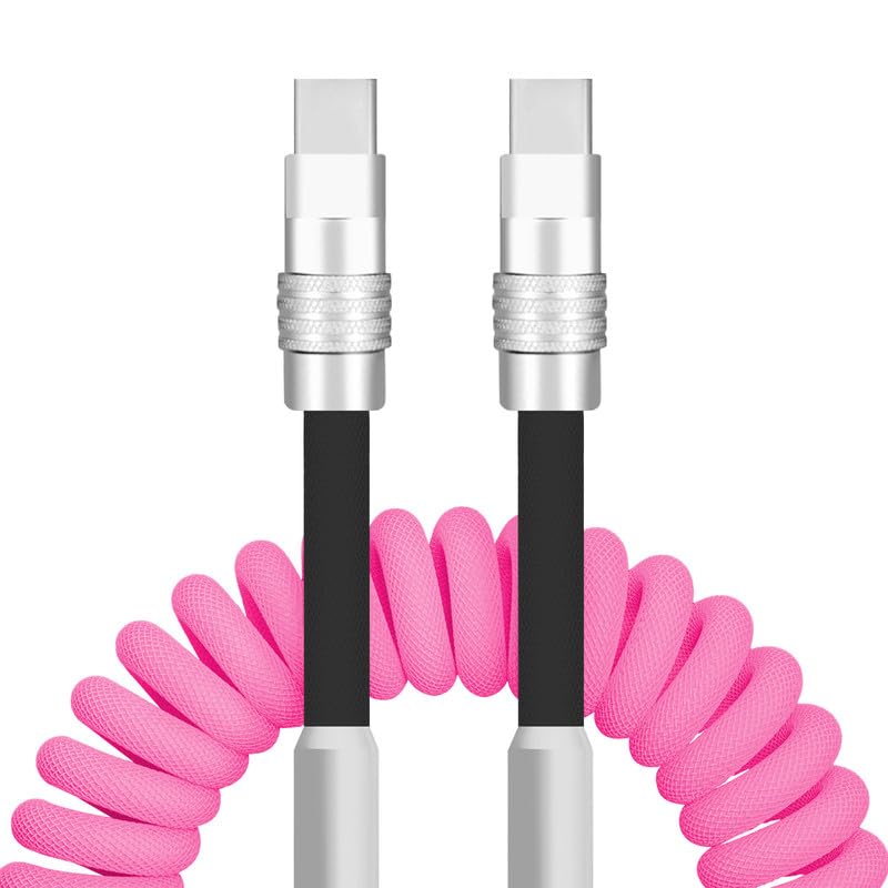 Dynamic Curly Chubby Coiled USB C Cable: 240 W Fast Charge Retractable Spiral Braid Cord for Carplay & Android Auto, Versatile Length 2.29 FT to 3.6 FT, Sleek Black and Red Design, Enhanced Compatibility for All USB-A to Type-C Devices