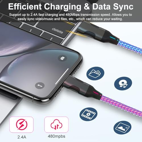 RGB LED Lightning Charger Cable for i Phone – 4.9 ft MFi Certified Fast Charging Data Cord with Unique Color Gradual Light-Up Feature for i Phone 14/13/12/11 Pro Max/XR/XS/X/8/7/6 Plus/SE & i Pad – Durable, Stylish, and Efficient Charging Solution