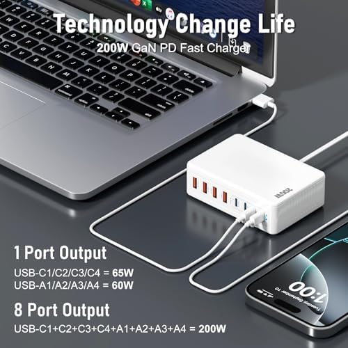 Advanced 200 W Ga N IV USB-C Fast Charging Station – 8-Port Multi-Device Power Hub for Laptops & Smartphones – PD 65 W Mac Book Pro/Air & DELL Charger – Compact, Portable & Efficient Charging Solution for i Phone 16/15/14 & Galaxy S25/24 – Ultimate Power Delivery & Enhanced Compatibility