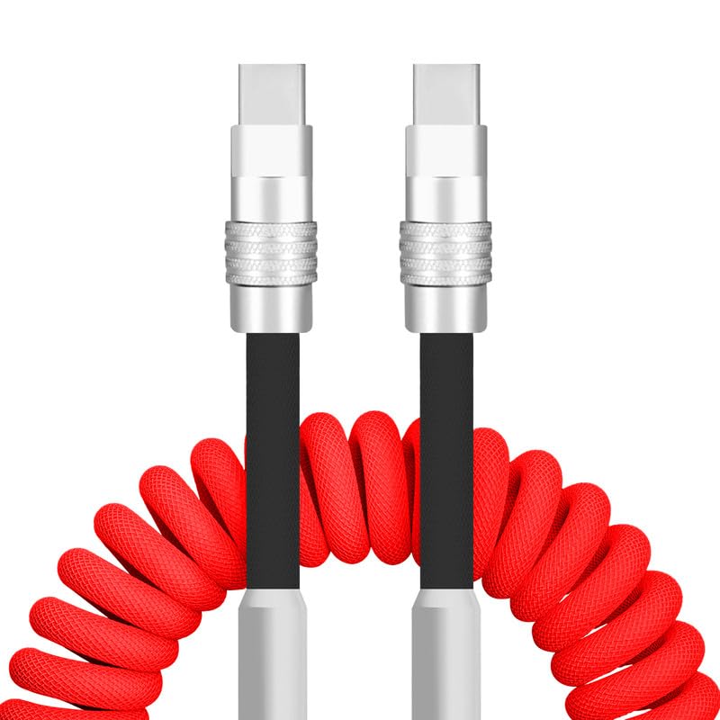 Dynamic Curly Chubby Coiled USB C Cable: 240 W Fast Charge Retractable Spiral Braid Cord for Carplay & Android Auto, Versatile Length 2.29 FT to 3.6 FT, Sleek Black and Red Design, Enhanced Compatibility for All USB-A to Type-C Devices