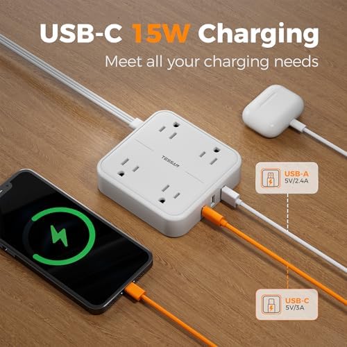 TESSAN 5 FT Flat Extension Cord Surge Protector – 4 Outlet Power Strip with 3 USB C Ports (1 USB C) for Fast Charging, 900 Joules Electronics Protection, Space-Saving Design for Home, Office, and Dorm Use, Enhanced Compatibility and Efficiency