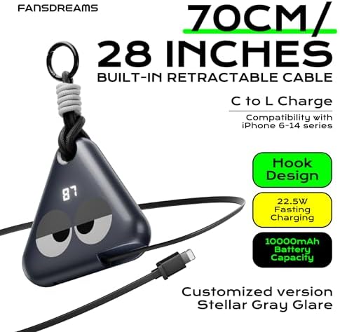 Ultimate Travel Power Bank with Retractable 2.3 ft Cable and Durable Paracord Carabiner – 10000 m Ah Fast Charging Wearable Charger in Stellar Gray, USB-C Compatible for All Devices – Stay Energized on the Go!