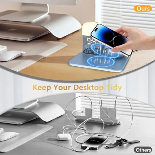 Elevate Your Charging Experience: 3-in-1 Wireless Charging Station with Night Light & Alarm Clock for i Phone 11-16 & Apple Watch – Fast 30 W Ga N Charger – Sleek Blue Design for Modern Living Spaces