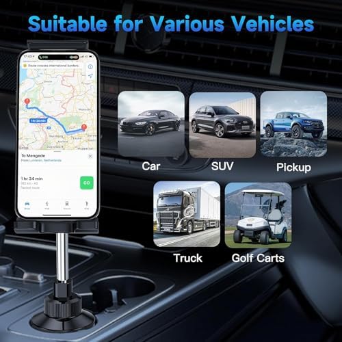 Premium le Quiven Car Cup Holder Phone and Tablet Mount – Secure Cradle for Samsung Galaxy S25 Series & i Phone 16-11 – Effortless Hands-Free Navigation and Entertainment with 360-Degree Adjustability – Tool-Free Installation for All Devices Up to 8.3″ – Ultimate Vehicle Accessory for Enhanced Safety and Convenience