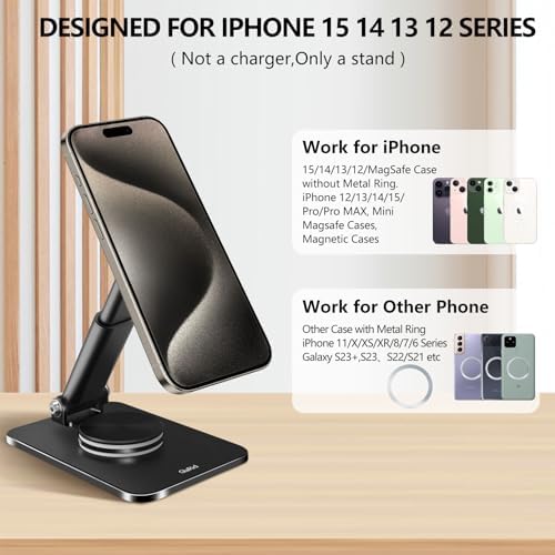 Magnetic Phone Stand Compatible with MagSafe for iphone16, Phone Stand for Desk with 360°Rotation Base, Adjustable Height to 6.1 inch, Compatible for MagSafe Case and iPhone 16/15/14/13/12 – Enhanced Compatibility and Speed
