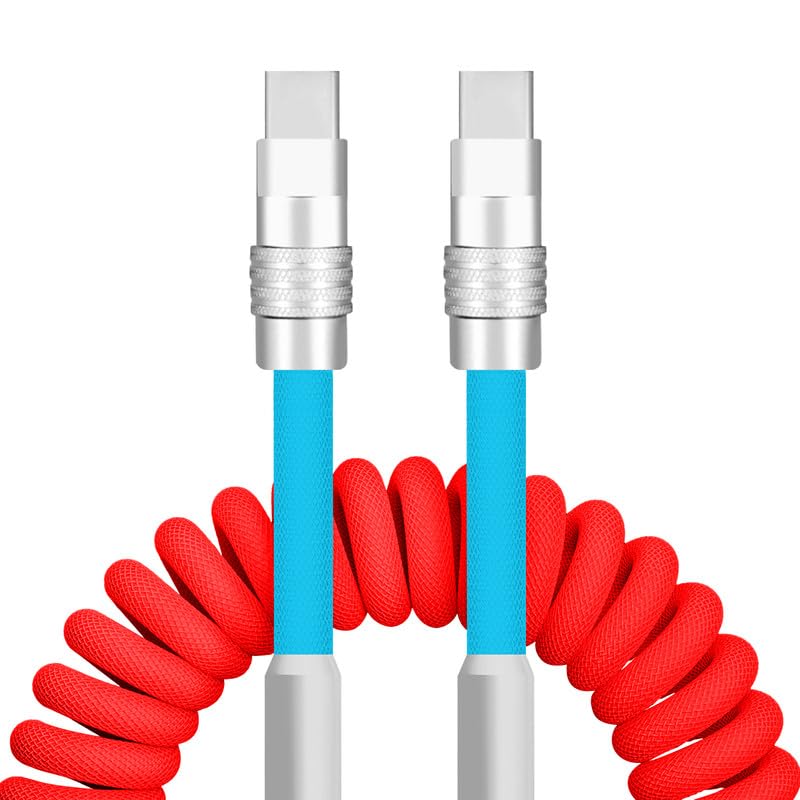 Dynamic Curly Chubby Coiled USB C Cable: 240 W Fast Charge Retractable Spiral Braid Cord for Carplay & Android Auto, Versatile Length 2.29 FT to 3.6 FT, Sleek Black and Red Design, Enhanced Compatibility for All USB-A to Type-C Devices