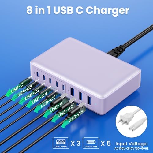 Revolutionary 300 W Ga N IV Technology USB-C Charging Hub – 8-Port Multi-Device Charger for Mac Book Pro/Air, DELL Laptops, i Phone 16/15/14 & Galaxy S25 – Sleek Navy Finish for Enhanced Home & Office Efficiency – Your Premier Solution for Rapid Device Power and Seamless Connectivity