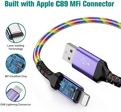 Apple C89 MFi Certified 7-Foot Lightning to USB-A Braided Charging Cable for i Phone 14/13/12/11 Pro, Max, Mini, SE, XS, XR, 8/7/6 Plus, i Pad & Air Pods – Durable, Fast Charging & Stylish Orange/White Design for Enhanced Compatibility