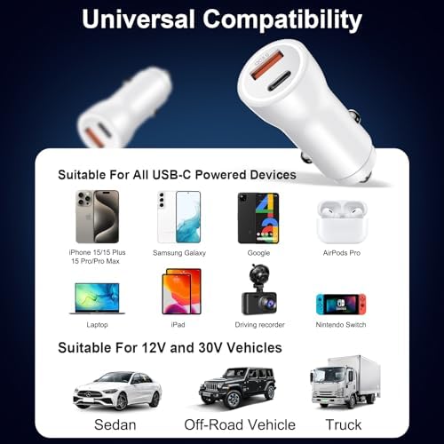 MFi Certified Apple i Phone 16 & 15 Car Charger – 43 W USB-C Fast Charging Adapter with 3.3 FT Cable for Pro, Max & Plus Models – Dual Port PD & QC 3.0 Technology for Ultimate Charging Efficiency on the Go