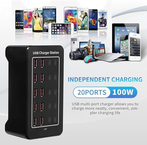 Ultimate 100 W USB C Charger Block – 20-Port Multiport Hub for Fast Charging Apple i Phone, i Pad, and Samsung Galaxy Devices – Compact Desktop Solution with Enhanced Safety Features and Rapid Device Compatibility