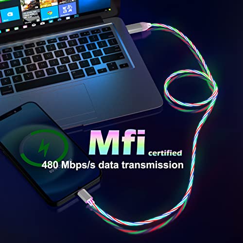 Illuminate Your Charging Experience with the 6 FT LED Light Up Flowing i Phone Charger – MFi Certified Lightning Cable for Fast Charging and Data Sync – Compatible with All Apple Devices Including i Phone 14/13/12/Pro/11/X/XS/XR/8/7/6/5 S/SE and i Pad – Stylish Glowing Indicator for Low-Light Visibility and Enhanced Durability