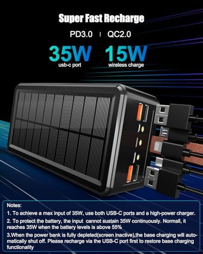 Ultra-High Capacity 90,000 m Ah Solar Power Bank with 35 W Fast Charging – Wireless Charger for Outdoor Adventures, Travel, and Emergency Preparedness | 7-Port USB-C/PD, Integrated LED Flashlight, IP66 Waterproof Design for Extreme Conditions