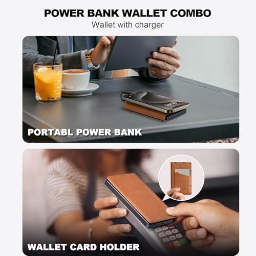 Ultra-Slim 5000 m Ah Portable Wallet Power Bank with Integrated USB-C and Lightning Cables – Universal Travel Charger for i Phone, i Pad, Samsung, Pixel, LG, Moto, and More – Rapid Charging Solution for On-the-Go Connectivity and Device Compatibility