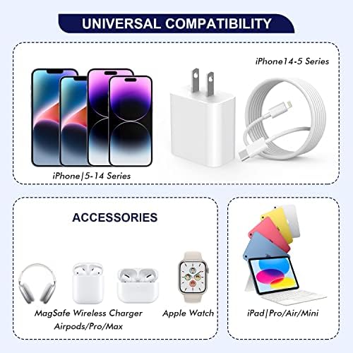 Premium Apple MFi Certified 3-Pack i Phone Charger Set with PD Type C Quick Wall Block and 6 FT Fast Charging USB C to Lightning Cable – Ultimate Speed and Compatibility for i Phone 14/13/12/Pro/Max/11/XR/SE 2022 and i Pads, Perfect for Home or Travel Use