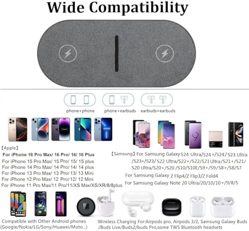 Dual 20 W Fast Wireless Charging Pad – 2-in-1 Dual Device Charger with USB-C Adapter for i Phone 16/15/14/13/12 Series, Samsung Galaxy S25/S24/S23/S22, Air Pods Pro, Slim & Portable Design for Travel – Safe & Efficient Charging Solution for All Compatible Devices