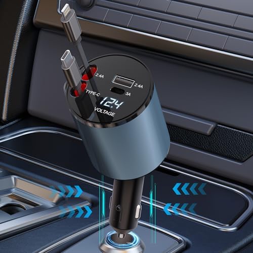 Ultimate 5-in-1 Retractable Car Charger – Fast Charging Dual-Socket Adapter with USB-A & USB-C Ports for i Phone 16/15, Galaxy, i Pad, GPS & Dash Cam – Tangle-Free Design for Multi-Device Power on the Go
