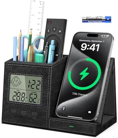 Multi-Functional Desk Organizer with Wireless Charging, Digital Thermometer & Humidity Monitor – Stylish Brown Pen Holder for Home Office Efficiency and Clutter-Free Workspace