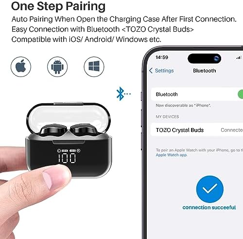 TOZO T18 True Wireless Earbuds with Bluetooth 5.3 – IPX8 Waterproof Noise-Canceling Headphones with Smart LED Case, Customizable Sound via 32 EQ Settings, Extended Battery Life for Sports & Daily Activities, Ultimate Audio Experience