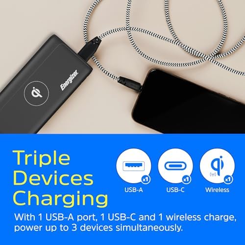 Energizer 10,000 m Ah Wireless Portable Charger – Qi-Certified 10 W & 18 W USB-C Fast Charging Power Bank for i Phone 16/15/14/13/12 Series, Samsung, and Android Devices – Lightweight, Durable, and Dual Charging Solutions for On-the-Go Power Needs