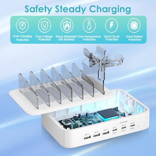 Ultimate 90 W Multi-Device Charging Station – 6-Port Organizer with 3 PD 20 W USB-C Fast Charge Capability for i Phones, i Pads, Tablets, Kindles, and More – Includes 6 Versatile Cables, Air Pods and Apple Watch Holders – Streamlined Design for Enhanced Efficiency and Space Management