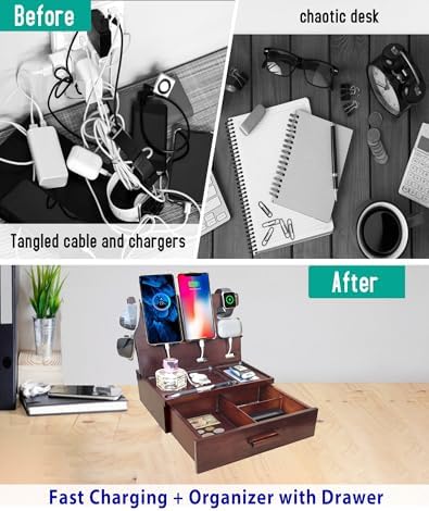Multi-Device USB Charging Station with 4 Ports – Fast PD & QC3.0 Power Delivery, Stylish Wooden Organizer for Desk & Nightstand – Ideal Birthday Gift for Men, Dads, Husbands, and Moms – Elegant Solution for Cable Management and Rapid Charging