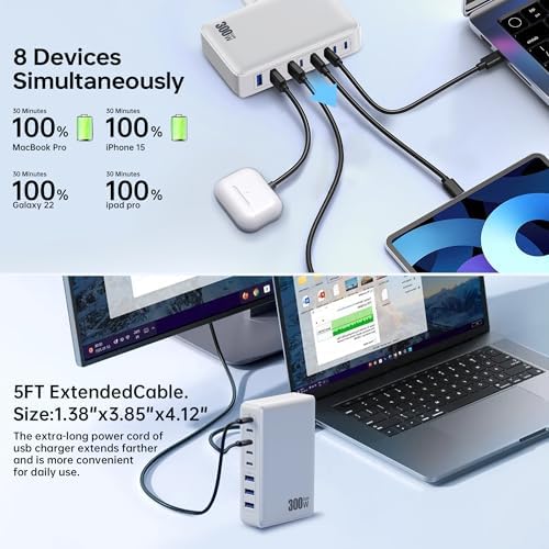High-Power 300 W USB C Charging Hub – 8-Port Ga N III Fast Charger for Mac Book Pro, Dell, i Phone 16/15/14, Galaxy S23/22 – Ultimate Multi-Device Charging Station for Home and Travel with PD Compatibility