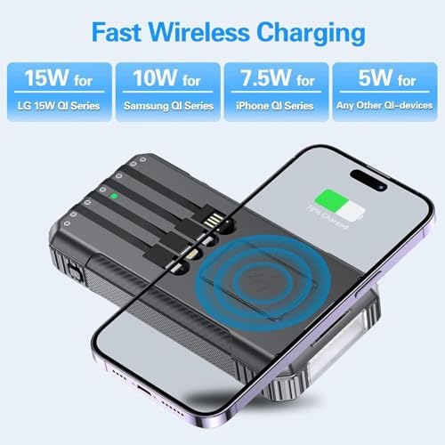 High-Capacity 33800 m Ah Solar Power Bank with 4 Built-in Cables – 22.5 W Fast Charging, 7 Outputs & 4 Inputs, Integrated Compass & SOS Features for Outdoor Adventures – Rugged Portable Charger with Strong Flashlight for Emergency Preparedness