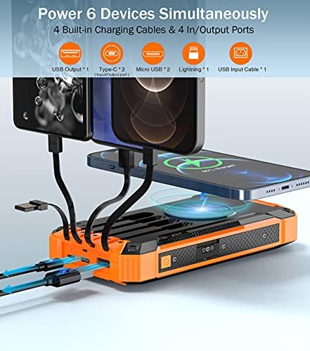 GOODaaa 36,000 m Ah Solar Wireless Power Bank with Built-in 4 Cables, Fast 15 W Charging, 6 Outputs & Dual Flashlights – Ultimate Portable Charger for All Devices with Carabiner for Easy Carrying