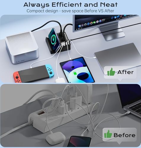 TOPOINT 7-in-1 Multi-Device Charging Hub with Wireless Charging Pad – 65 W Fast USB-C Power Strip for i Phone, Samsung, Mac Book, and More – Ultimate Compatibility and Space-Saving Design for Home and Office Use