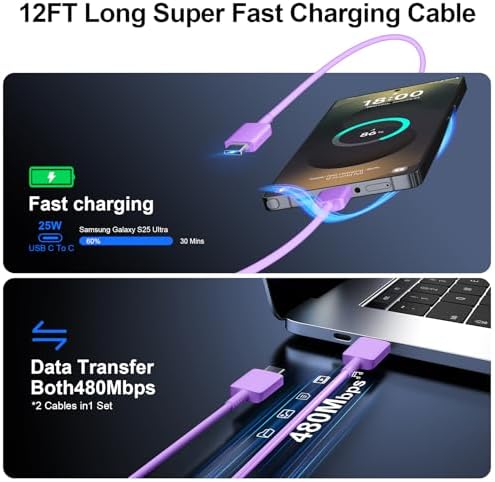 High-Speed 25 W Type C Wall Charger for Samsung Galaxy S25 Series – Includes Dual 10 FT USB-C Cables for Enhanced Flexibility and Safety – Lightning-Fast Charging with Compact Design for Travel Enthusiasts and Everyday Users