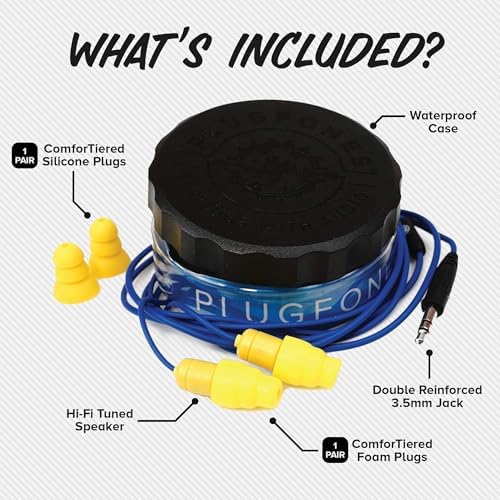 Plugfones Guardian Hybrid In-Ear Headphones with 29 d B Noise Reduction – OSHA Compliant Earplug Earbuds for Ultimate Hearing Protection and Superior Sound Quality – Includes Waterproof Case (Blue & Orange) for Easy Portability and Enhanced Durability