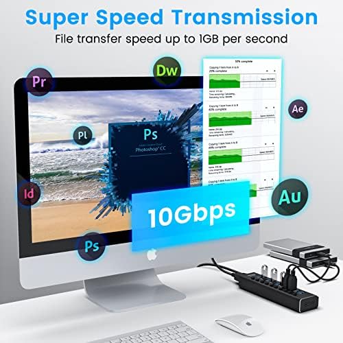 Maximize Your Connectivity with the Rosonway 10-Port Powered USB Hub – Fast 10 Gbps Data Transfer, 36 W Power Adapter, Type A & C Compatibility, Sleek Aluminum Design for PC & Laptop Efficiency