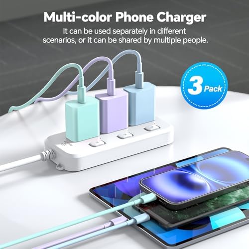 Revolutionary 3-Pack 20 W USB-C Fast Chargers with 10 FT Cables in Elegant Pink, Purple, and White – Ultimate Compatibility for i Phone 15/16 Pro/Max/Plus – Experience Lightning-Fast Charging and Stylish Convenience for All Your Power Needs