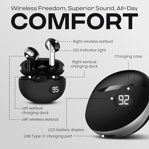 Gabba Goods Bliss Wireless Bluetooth Earbuds – Ultimate Ergonomic In-Ear Fit with Touch Controls for Seamless Audio Experience, 6-Hour Playtime & Built-in Mic for Crystal Clear Communication – Perfect for Travel, Gym, Home & Gaming Compatibility in Stylish Black Finish